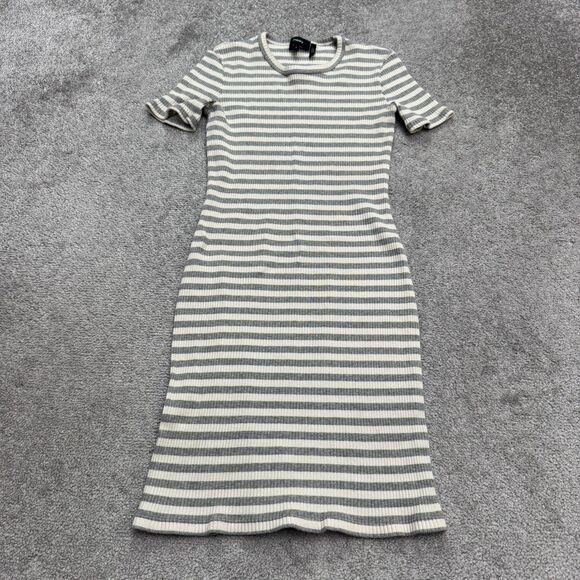 Theory Dresses & Skirts - Theory Ribbed Knit Bodycon Midi Dress Womens XSP Gray White Striped Crew Neck